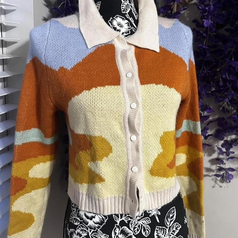 Honey YOC Colorblock Knit Cardigan Sunset Jacquard Button Front Size S